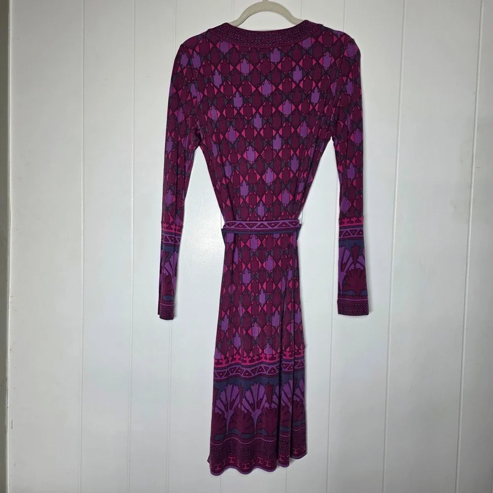 Tory Burch Audra‎ Silk Geometric Print Wrap Dress Purple Pink Long Sleeve Medium